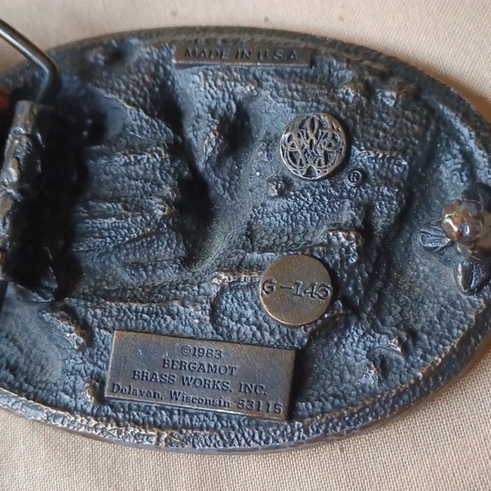 Bergamot Brass Belt Buckle 1983, Running Buck, with hand tooled leather belt, 34